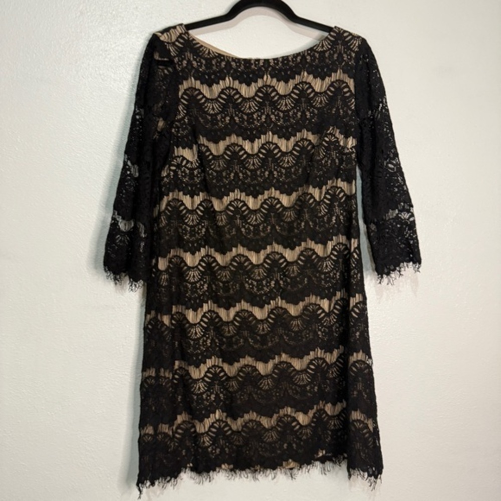 Jessica Howard Black & Tan Lace Three Quarter Sleeve Cocktail Dress. Sz 12P